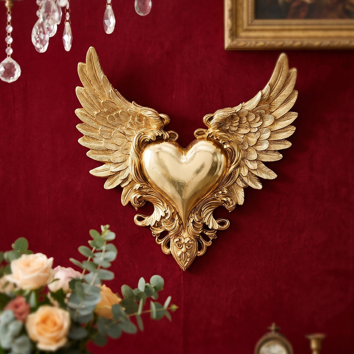 Custom Manufactured Resin Gold Foil Heart Shape 2D Relief Golden Plump Heart Sculpture Wall Decor with Wings