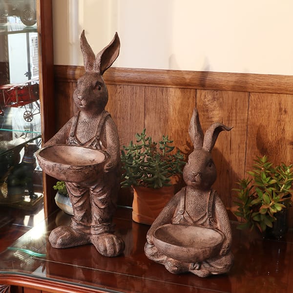 Resin Brown Color Antique Vintage Rabbit statue With Tray