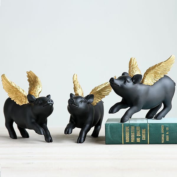 Resin Black Pig With Golden Wing Decor